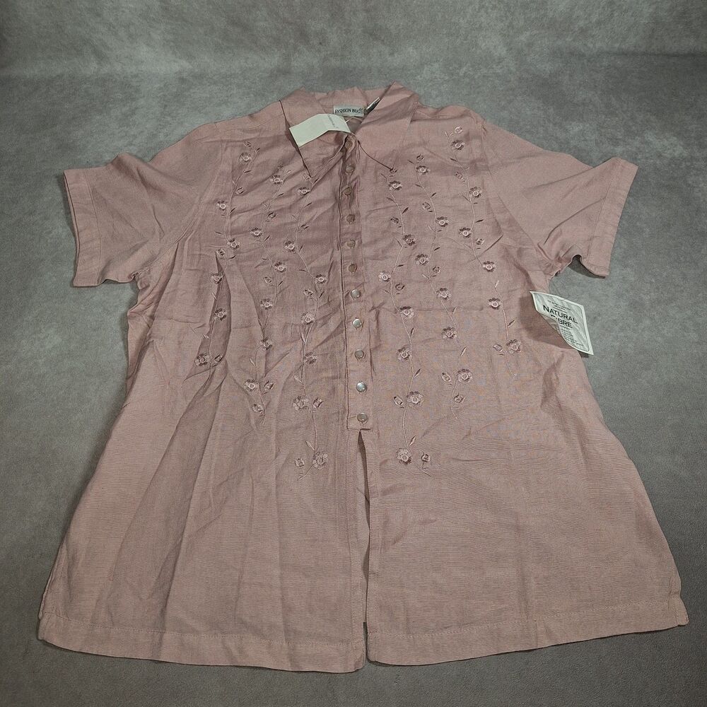 Fashion Bug 14W/16W Womens Pink Embroidered Flowers Shortsleeve Button Blouse